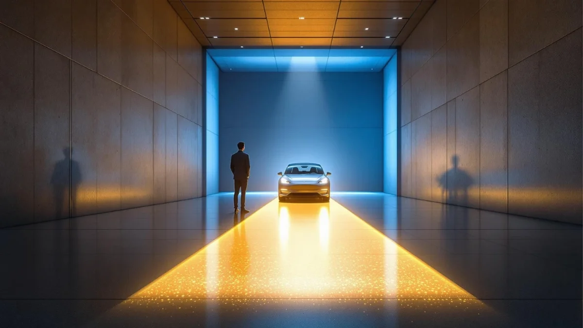 Homme en costume face à une voiture électrique mise en lumière dans un espace futuriste - illustration symbolique des primes à l’achat et incitations pour véhicules électriques en 2025.