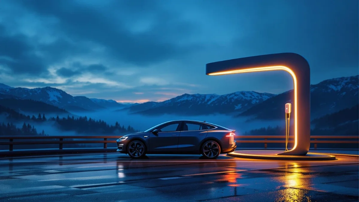 Voiture électrique en cours de recharge sur une borne ultra-moderne au coucher du soleil, en bord de route de montagne enneigée - mobilité durable et infrastructures de recharge rapide.