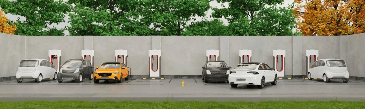 Voitures électriques sur des bornes de recharge rapide en parking