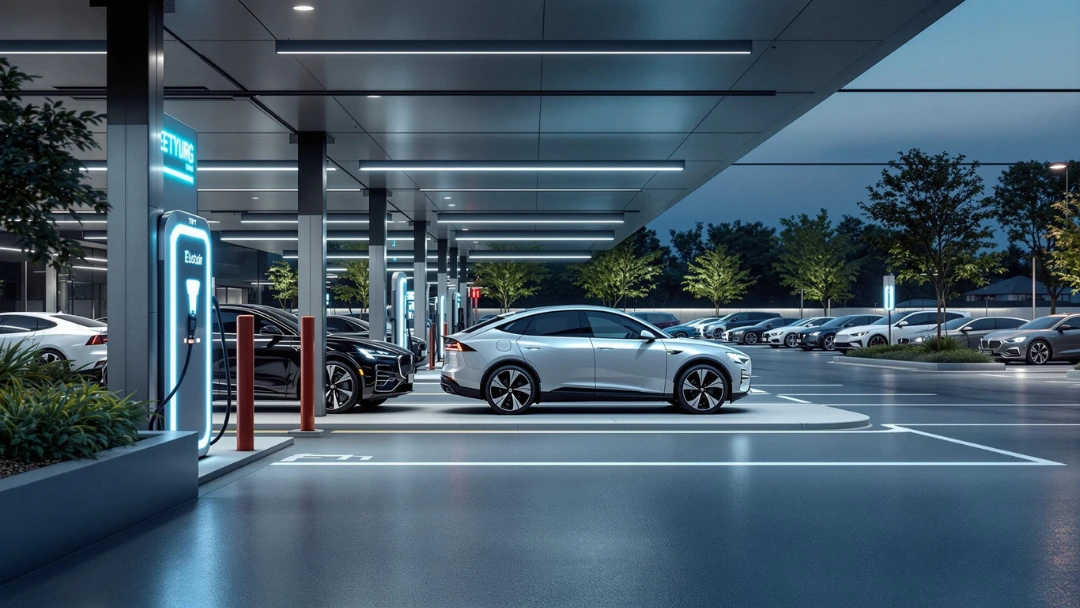 Station de recharge pour voitures électriques dans un parking couvert moderne, illustrant les bornes rapides sur autoroute.