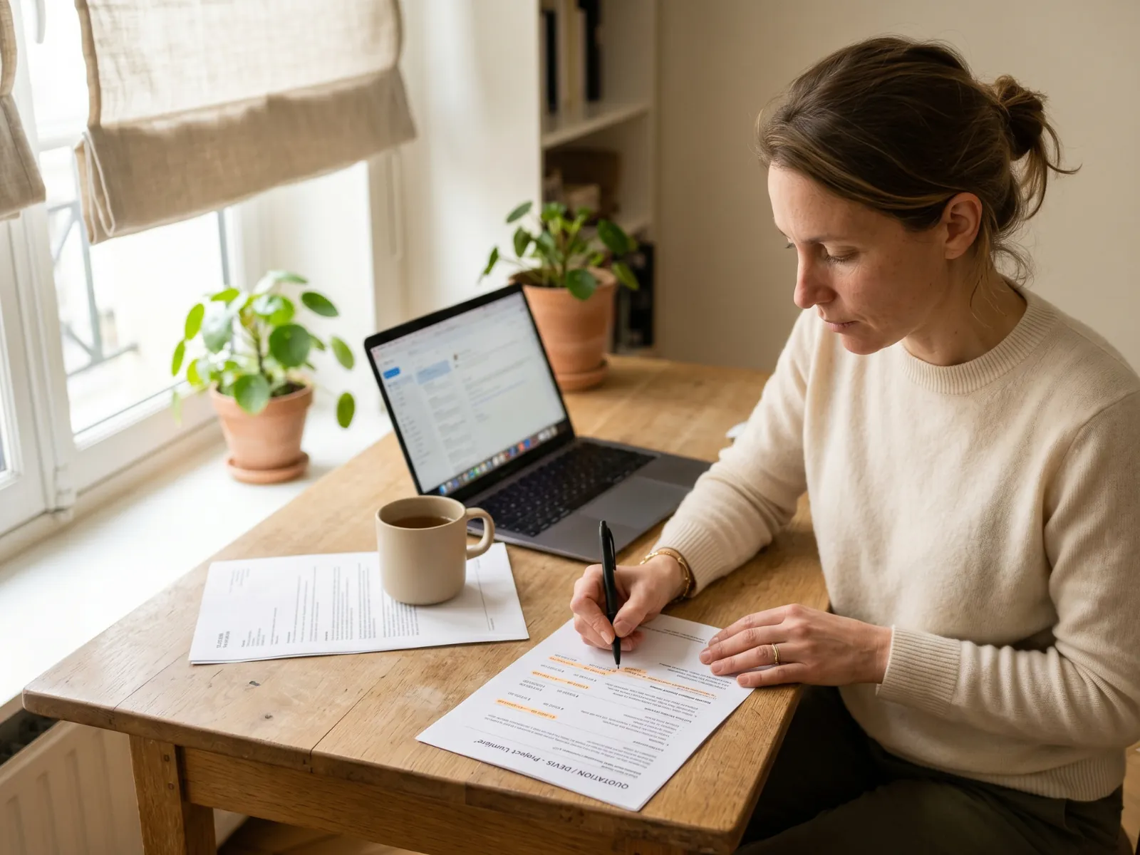 Particulière annotant au stylo un devis d'installation de borne de recharge, ordinateur portable et tasse de café sur une table en chêne baignée de lumière naturelle