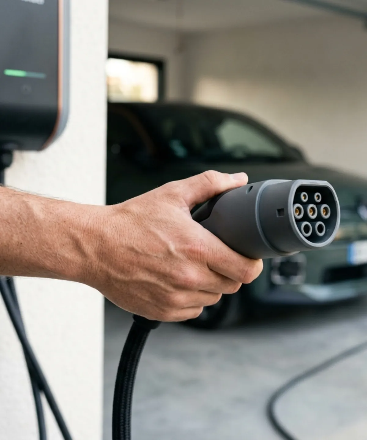 Main tenant le connecteur Type 2 d'une borne de recharge murale à LED verte, voiture électrique stationnée dans un garage résidentiel en arrière-plan