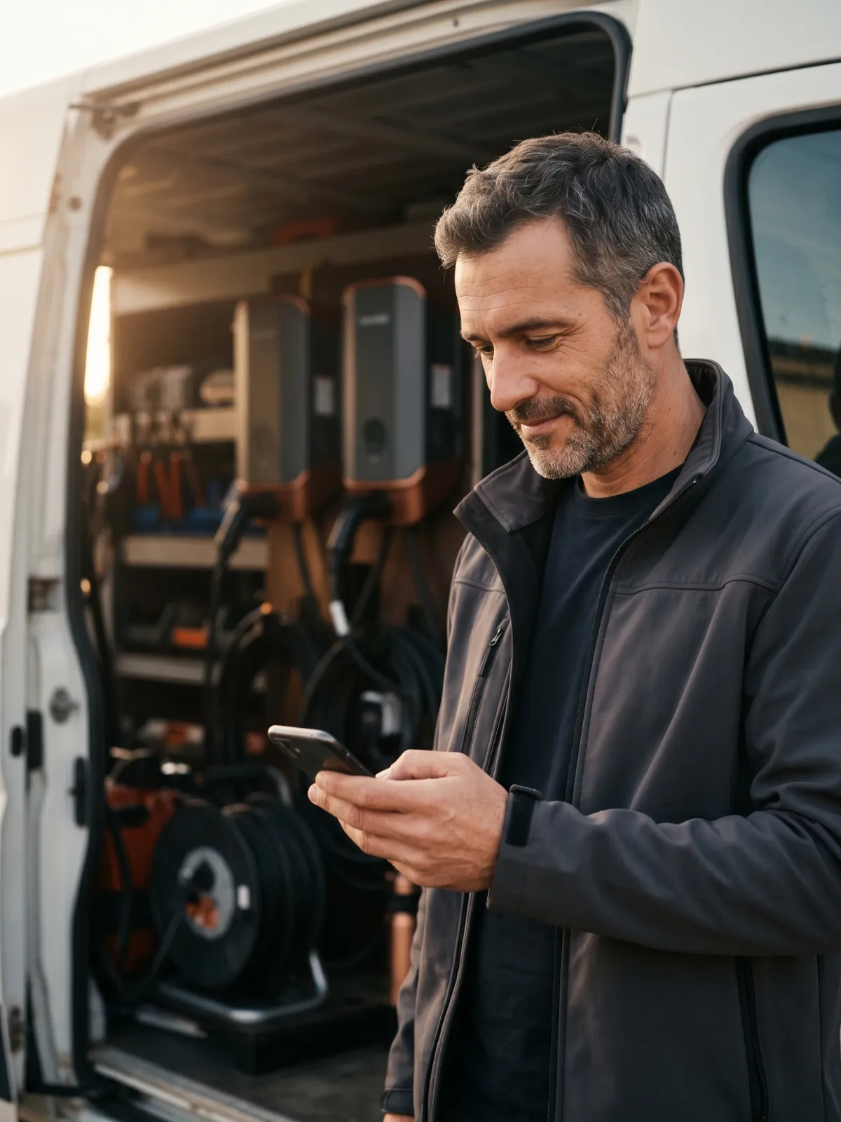 Installateur IRVE consultant sur son smartphone les demandes de devis qualifiées reçues via le réseau Isiohm, devant son véhicule d'intervention