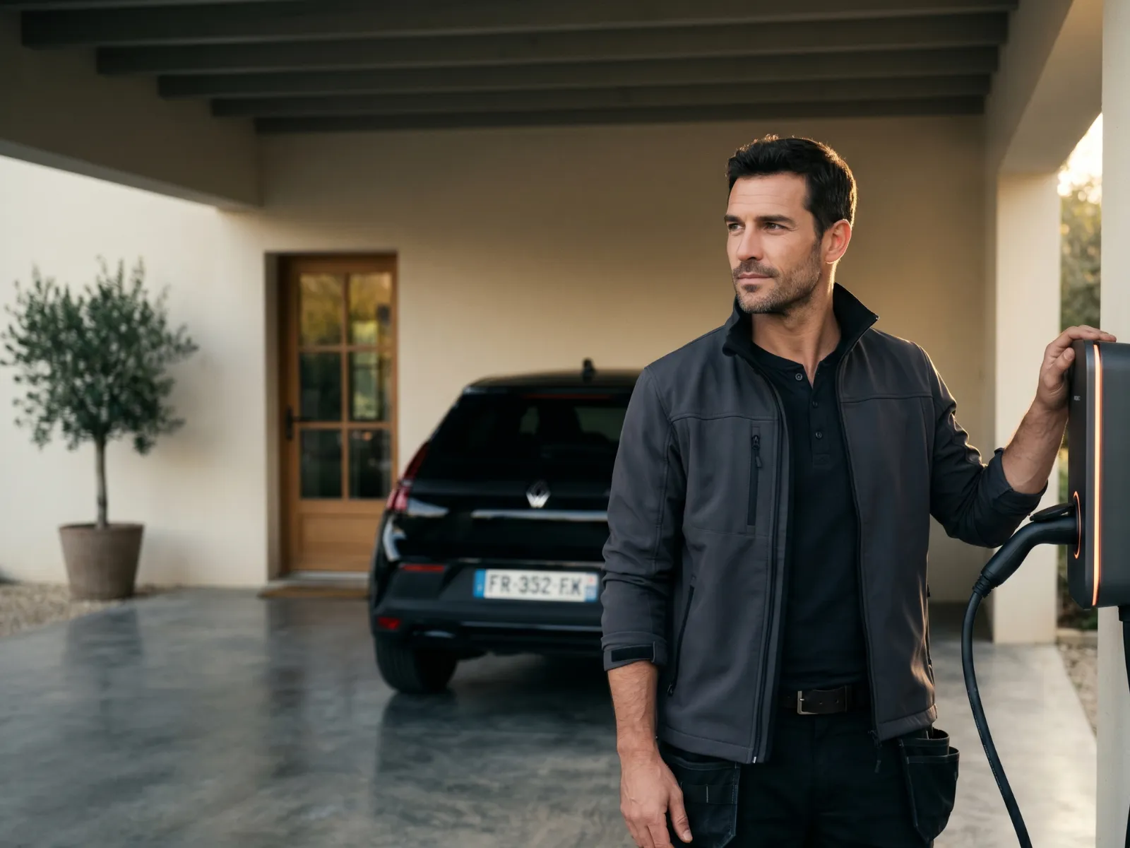 Installateur IRVE certifié devant une borne de recharge murale premium fraîchement posée dans une maison française, lumière cinématographique de fin de journée