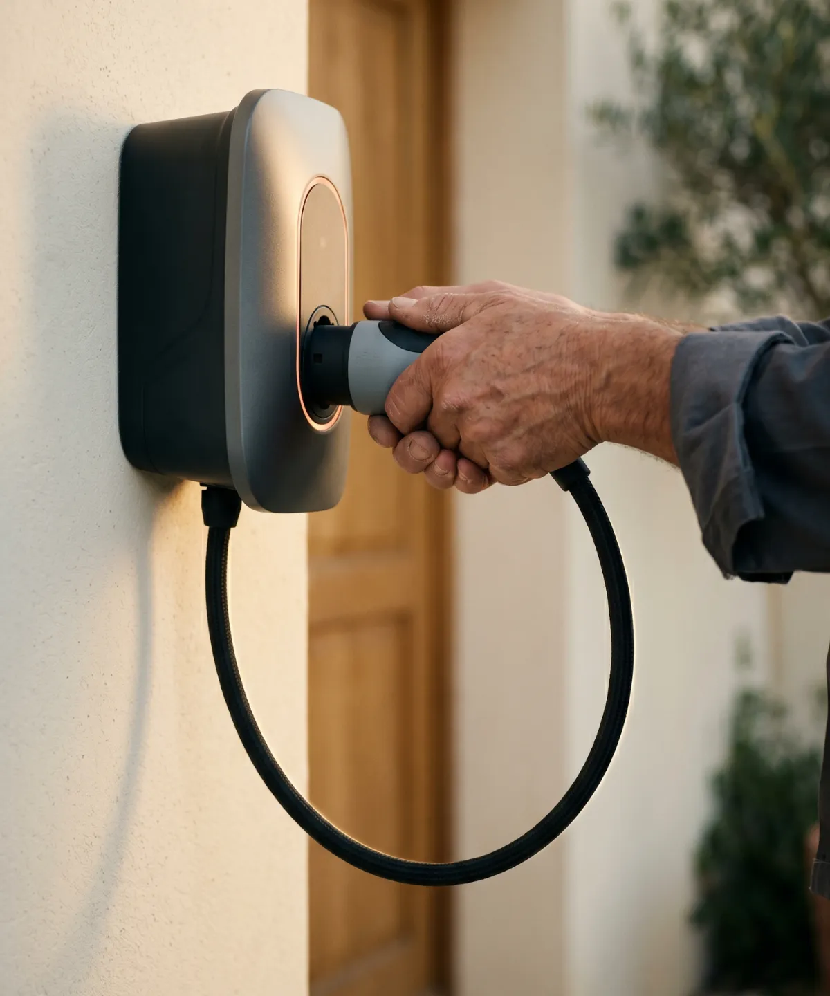 Installateur IRVE branchant le connecteur Type 2 sur une borne de recharge murale, gros plan