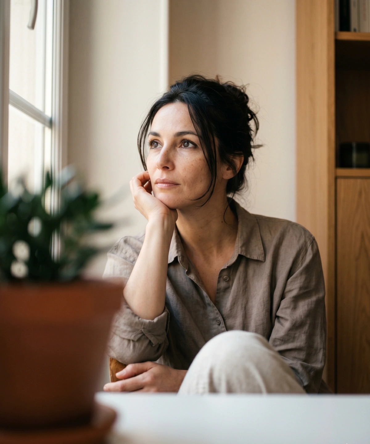 Femme pensive près de la fenêtre de son salon, le regard au loin, en pleine réflexion sur son projet de borne de recharge à domicile