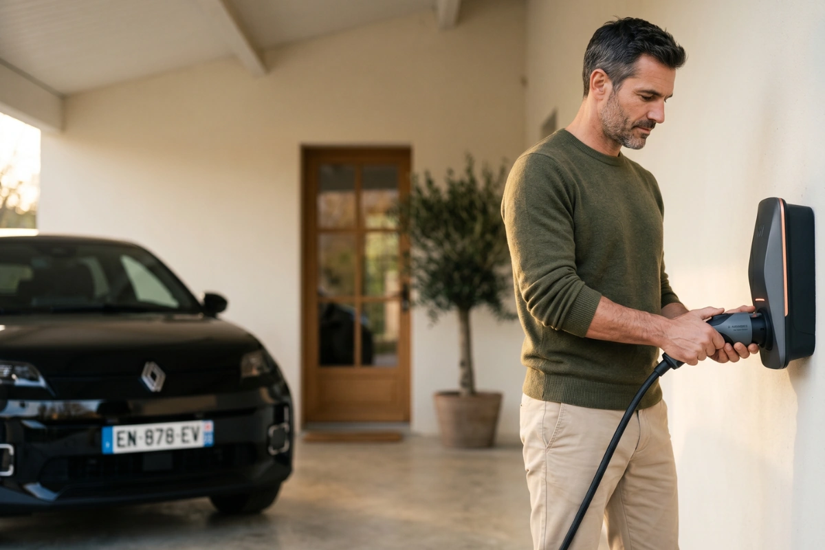 Homme branchant le connecteur Type 2 sur sa borne de recharge murale à domicile, Renault 5 E-Tech noire stationnée dans le carport, lumière dorée de fin de journée